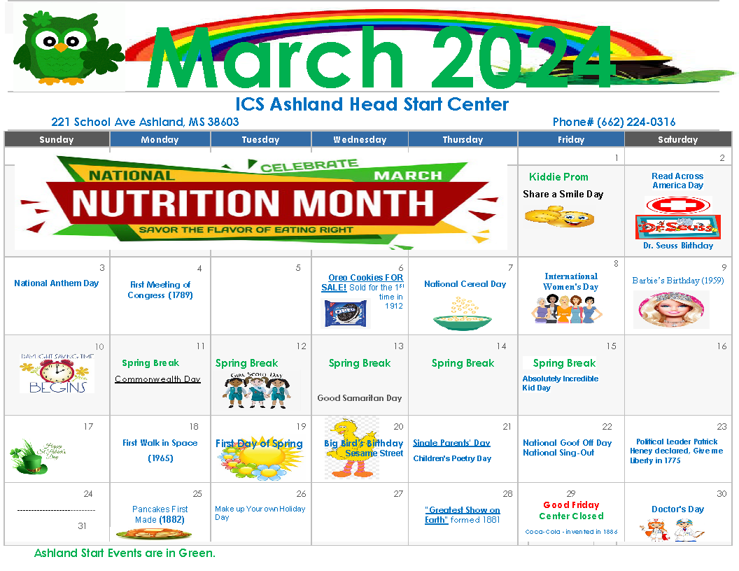 Ashland Head Start Center Institute Of Community Services Inc   Ashland MARCH CALENDAR 2024 